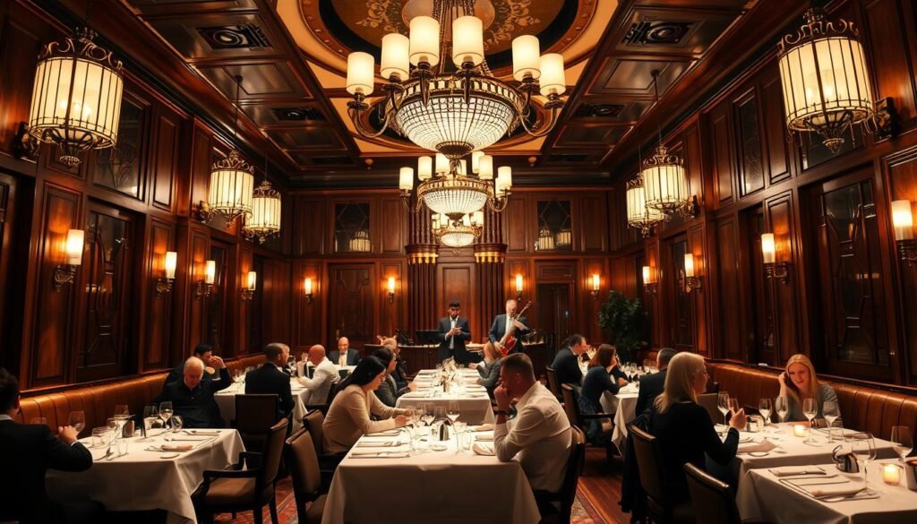 A lavish art deco-styled restaurant interior, with elegant chandeliers casting a warm glow over the scene. Patrons seated at white-clothed tables, enjoying a fine dining experience amidst the stylish decor - polished wood, gleaming brass accents, and geometric wall panels. In the background, a jazz trio performs on a small stage, adding to the sophisticated ambiance. Shadows and highlights sculpt the architectural details, while a slight fisheye lens emphasizes the grand, immersive atmosphere. An air of refined indulgence and a touch of timeless glamour permeate the space.
