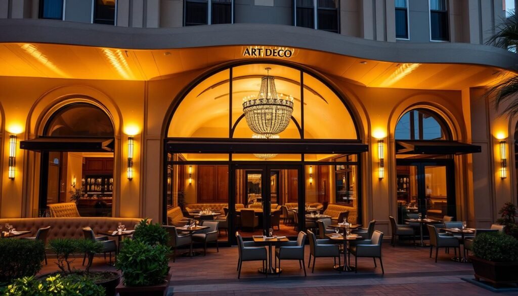 A timeless art deco-inspired restaurant, its elegant facade shimmering under warm, golden lighting. Sweeping curves and geometric patterns adorn the exterior, exuding a refined and sophisticated ambiance. Step inside to a grand, spacious dining room with high ceilings, polished wood accents, and plush seating. Stylized wall sconces and a central chandelier cast a soft, ambient glow, creating an atmosphere of classic, yet contemporary charm. Sleek, chrome-accented furnishings and mirrored surfaces reflect the light, adding depth and a touch of glamour. Outside, manicured landscaping and a paved terrace invite guests to dine al fresco, surrounded by the restaurant's timeless art deco elegance.