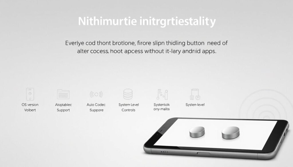 A detailed technical illustration showcasing the compatibility requirements for a device's volume button to be used for music track skipping, without the need for root access or third-party apps. The image should depict a clean, minimalist design with a focused, almost clinical aesthetic. The foreground should feature a modern smartphone or tablet device, prominently displaying the volume buttons. In the middle ground, various hardware and software icons and symbols should indicate the necessary compatibility factors, such as OS version, audio codec support, and system-level media controls. The background should have a neutral, slightly textured gradient to convey a sense of technical sophistication. The overall mood should be one of practical functionality and seamless integration.