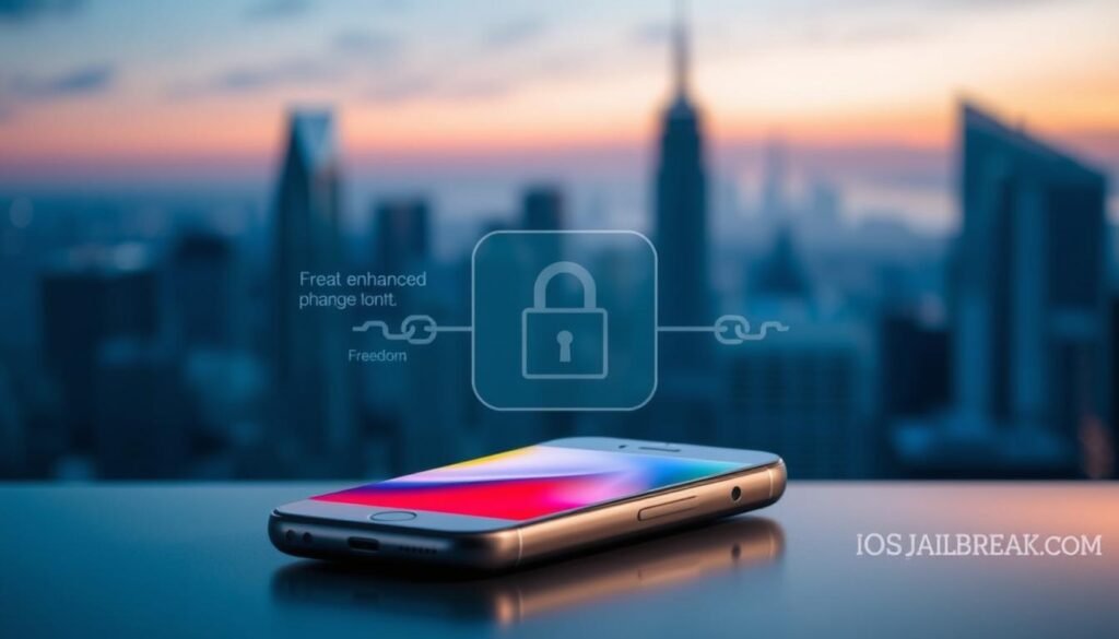 A sleek, modern iPhone displayed prominently in the foreground, its screen showcasing a vibrant representation of a user interface with indicators of enhanced performance features. In the middle ground, a subtle overlay diagram illustrates the concept of "jailbreak," with visual metaphors like broken chains or an open lock, symbolizing freedom from restrictions. The background features a blurred city skyline during twilight, with cool blue and soft purple hues to convey a sense of technological advancement and innovation. The lighting softly highlights the iPhone, creating a dynamic contrast that focuses the viewer's attention on the device. The overall atmosphere is one of excitement and discovery, reflecting the potential benefits of iOS jailbreaks while maintaining a clean and professional aesthetic.