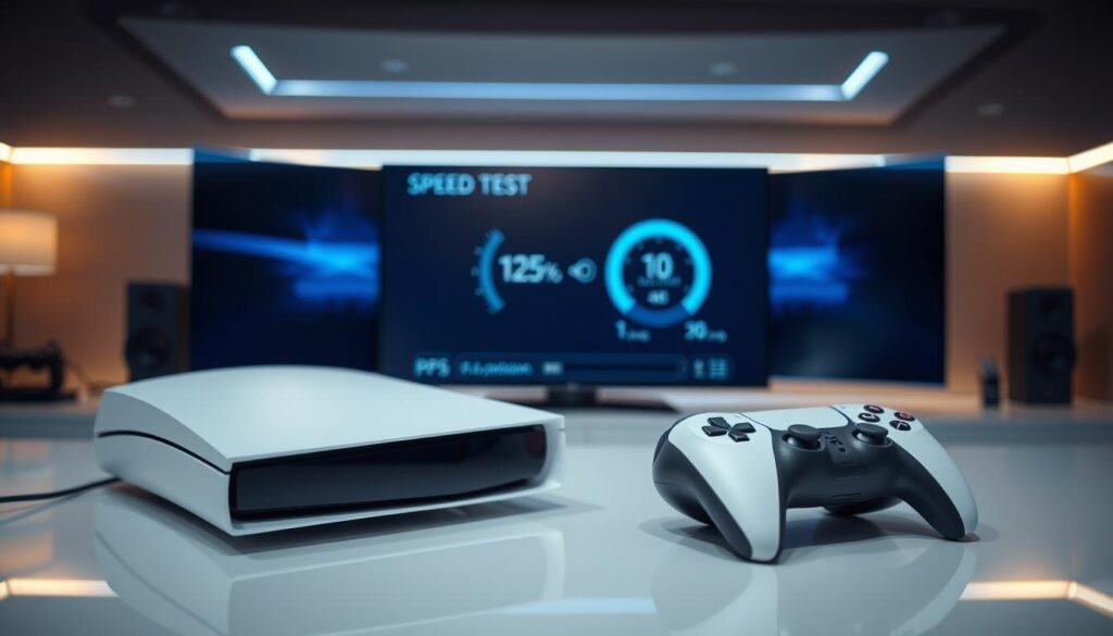 A close-up view of a PlayStation 5 gaming console on a sleek, modern desk, with the built-in speed test tool interface displayed on the screen in vivid detail. The PS5, with its distinctive white and black design, is prominently positioned in the foreground. In the middle ground, a high-definition TV shows the speed test progress bar and metrics, illuminated with a blue glow from the console. The background features a softly lit gaming setup, enhancing the futuristic atmosphere, with ambient lighting that gives a tech-savvy vibe. The image captures a focus on the seamless interaction between the PS5 and its built-in tool, conveying a sense of innovation and efficiency. The overall mood is sleek and professional, inviting viewers into the world of gaming technology.