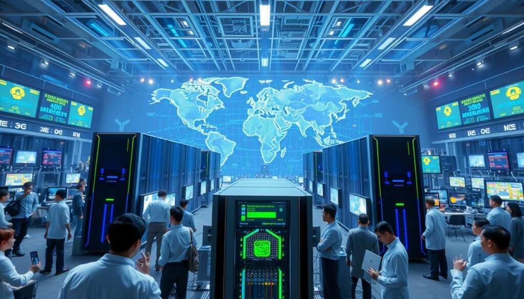 A dramatic depiction of a global supercomputer competition, featuring a futuristic arena bustling with activity. In the foreground, scientists and engineers in professional attire are intensely focused on a high-performance supercomputer, its sleek design illuminated by bright, colorful LED lights. The middle ground showcases various massive supercomputers from different countries, each with their unique design and branding, surrounded by monitors displaying impressive metrics and data. In the background, an expansive digital map of the world highlights the interconnectedness of these supercomputers in real-time. The atmosphere is dynamic and competitive, with blue and green lighting casting a technological glow over the scene. Use a wide-angle lens to capture the scale and excitement of the event, emphasizing the innovation and collaboration taking place.