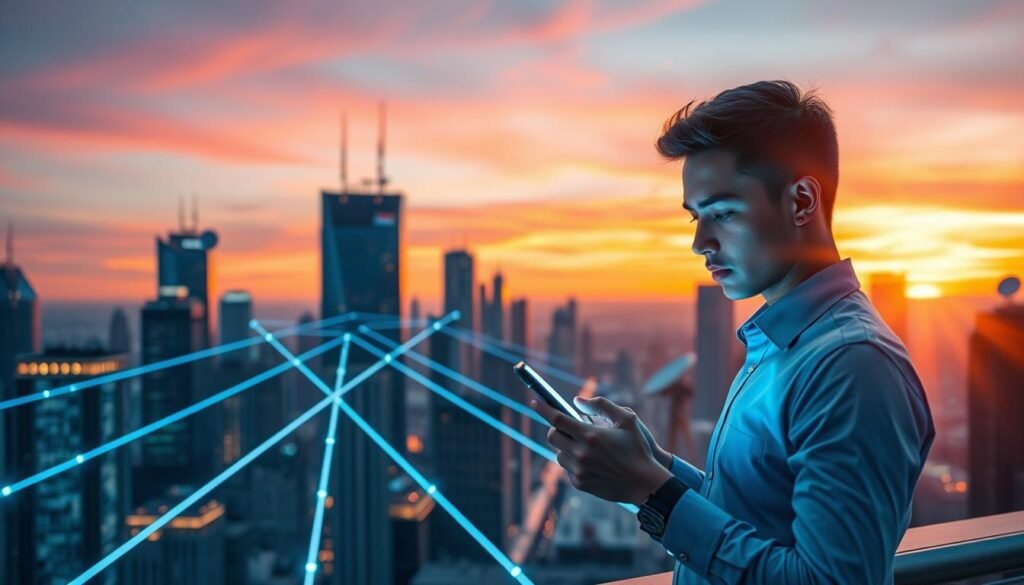 A futuristic depiction of 5G internet speed, showcasing a sleek, modern city skyline at dusk. In the foreground, a young professional in smart casual attire, intently using a smartphone, illuminated by the device's blue light. In the middle ground, parallel lines of light symbolizing data transmission speed flash between buildings, suggesting connectivity and rapid downloads. The background features high-tech skyscrapers adorned with glowing antennas and satellite dishes, seamlessly blending into a vibrant sunset sky. Soft lens flares create a dynamic atmosphere, emphasizing innovation and progress. The overall mood conveys excitement and anticipation for the benefits of faster, more stable internet connections.