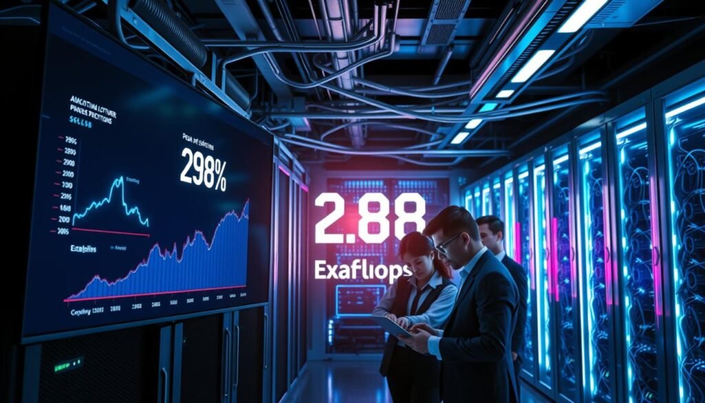 A futuristic supercomputer room showcasing the advanced architecture of the El Capitan computer in a sleek, high-tech environment. In the foreground, a prominent display screen highlights peak performance metrics, visually representing 2.88 Exaflops with glowing graphs and digital readouts. In the middle, engineers in professional business attire are analyzing data on laptops, immersed in discussions, with focused expressions. The background features rows of servers with intricate neon lighting and cables, creating an atmosphere of innovation and cutting-edge technology. Soft blue and green lighting enhances the high-tech ambiance, casting reflections off metallic surfaces. The scene captures a sense of collaboration and discovery in the quest for computational excellence.