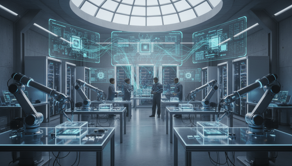 A modern, high-tech fabrication node featuring intricate architectural structures. In the foreground, sleek machinery showcases cutting-edge microchip designs and circuit boards, bathed in soft blue LED lighting. The middle layer reveals engineers in professional attire, deeply focused, analyzing data on digital screens, with holographic projections of chip architecture hovering above. The background presents a vast array of interconnected servers and cooling systems, with a faint glow emanating from their interiors, illustrating the complexity of modern computing. The mood is one of innovation and collaboration, set in a clean, futuristic workspace. The camera angle is slightly elevated, providing a dynamic perspective of this advanced production environment. A modern, high-tech fabrication node featuring intricate architectural structures. In the foreground, sleek machinery showcases cutting-edge microchip designs and circuit boards, bathed in soft blue LED lighting. The middle layer reveals engineers in professional attire, deeply focused, analyzing data on digital screens, with holographic projections of chip architecture hovering above. The background presents a vast array of interconnected servers and cooling systems, with a faint glow emanating from their interiors, illustrating the complexity of modern computing. The mood is one of innovation and collaboration, set in a clean, futuristic workspace. The camera angle is slightly elevated, providing a dynamic perspective of this advanced production environment.