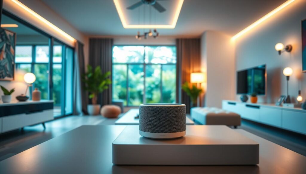 A modern, stylish smart home interior showcasing various IoT devices seamlessly integrated into the environment. In the foreground, a sleek smart thermostat and a compact smart speaker are placed on a minimalist coffee table. The middle ground features a well-lit, open living space with smart lighting, including LED strips along the ceiling and smart bulbs illuminating the room in a warm glow. In the background, a large window reveals a green garden, enhancing the atmosphere of comfort and connectivity. The scene is captured with a soft focus effect and natural lighting that evokes a sense of tranquility and innovation, emphasizing the benefits of 5G technology for everyday users. The overall mood is inviting and futuristic, with a blend of technology and homey warmth.