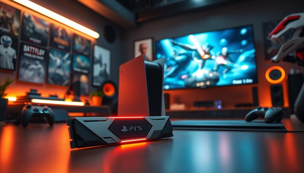 A sleek, modern gaming setup featuring a high-performance NVMe SSD prominently displayed on a stylish desk with gaming accessories. In the foreground, the SSD is illuminated by a soft, warm light, highlighting its intricate design. The middle layer shows a gaming console, specifically a PS5, positioned next to the SSD, conveying a theme of optimal performance upgrades. The background consists of a dimly lit gaming room adorned with LED lights, posters of popular games, and a large screen displaying a high-energy gaming scene, creating an immersive atmosphere. Use a wide-angle lens for depth, emphasizing the details of the gaming hardware while maintaining a focus on the SSD. The overall mood should evoke excitement and professionalism, illustrating the best SSD recommendations for gamers.