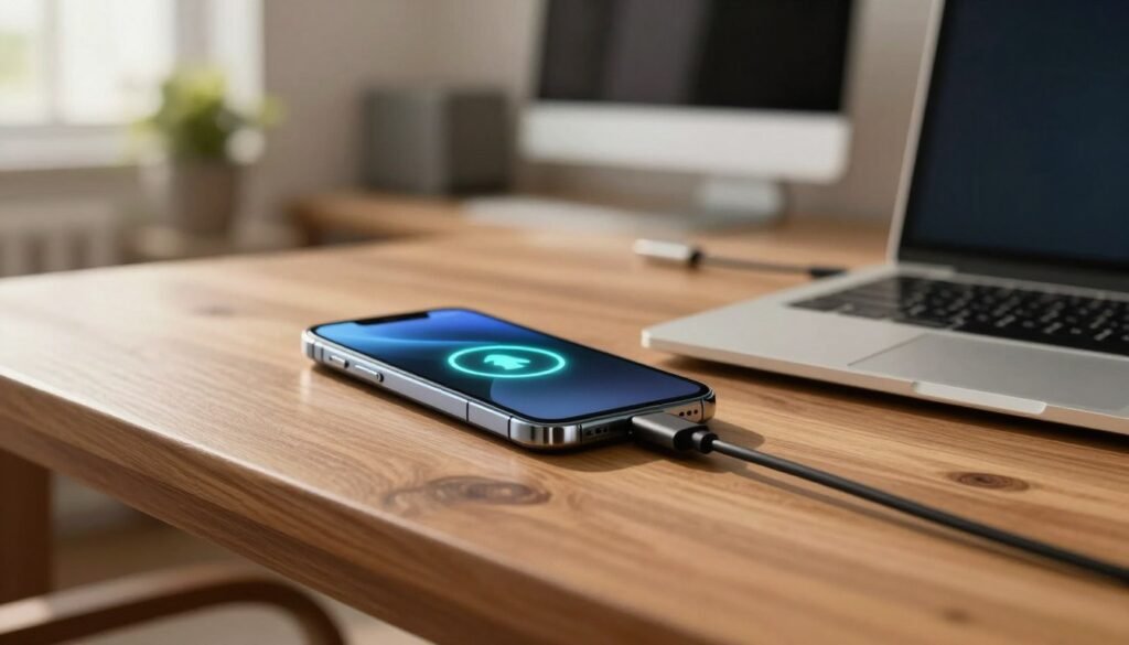 A close-up view of a USB tethering cable connected between a smartphone and a laptop on a polished wooden desk. The smartphone screen displays a glowing symbol indicating a stable internet connection. In the background, a soft-focus blurry view of a cozy home office is visible, featuring a potted plant and a computer monitor. The lighting is warm and inviting, with sunlight filtering through a nearby window, creating a natural atmosphere. The angle is slightly above the desk, highlighting the connection point of the cable. The scene conveys a sense of productivity and comfort, perfect for remote work scenarios. No text or additional elements present. A close-up view of a USB tethering cable connected between a smartphone and a laptop on a polished wooden desk. The smartphone screen displays a glowing symbol indicating a stable internet connection. In the background, a soft-focus blurry view of a cozy home office is visible, featuring a potted plant and a computer monitor. The lighting is warm and inviting, with sunlight filtering through a nearby window, creating a natural atmosphere. The angle is slightly above the desk, highlighting the connection point of the cable. The scene conveys a sense of productivity and comfort, perfect for remote work scenarios. No text or additional elements present.