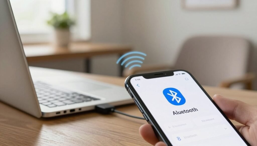 A modern smartphone displaying Bluetooth tethering settings, prominently featured in the foreground, with a close-up view of the screen showing the Bluetooth icon illuminated. In the middle ground, a laptop is connected to the smartphone with a visible Bluetooth signal graphic, symbolizing the wireless connection. The background has a soft-focus home office setting, including a desk with a plant and a comfortable chair, creating a warm and productive atmosphere. Soft, natural lighting filters in from a nearby window, highlighting the devices. The scene captures a calm and professional mood, suitable for remote work, emphasizing functionality and accessibility without any clutter or distractions. A modern smartphone displaying Bluetooth tethering settings, prominently featured in the foreground, with a close-up view of the screen showing the Bluetooth icon illuminated. In the middle ground, a laptop is connected to the smartphone with a visible Bluetooth signal graphic, symbolizing the wireless connection. The background has a soft-focus home office setting, including a desk with a plant and a comfortable chair, creating a warm and productive atmosphere. Soft, natural lighting filters in from a nearby window, highlighting the devices. The scene captures a calm and professional mood, suitable for remote work, emphasizing functionality and accessibility without any clutter or distractions.